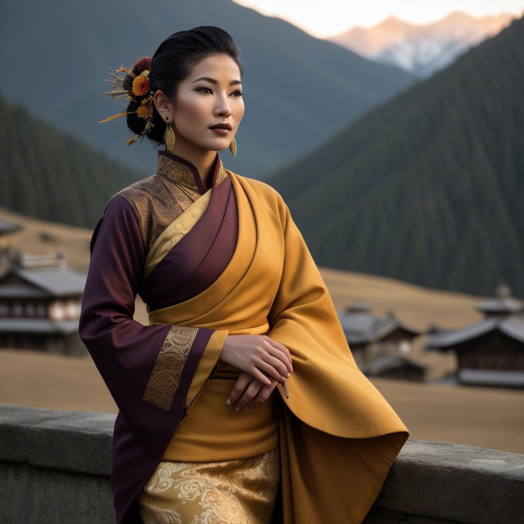 A stunning image of bhutanese allure wearing a refined kira-inspired ensemble lit by golden sunrise.