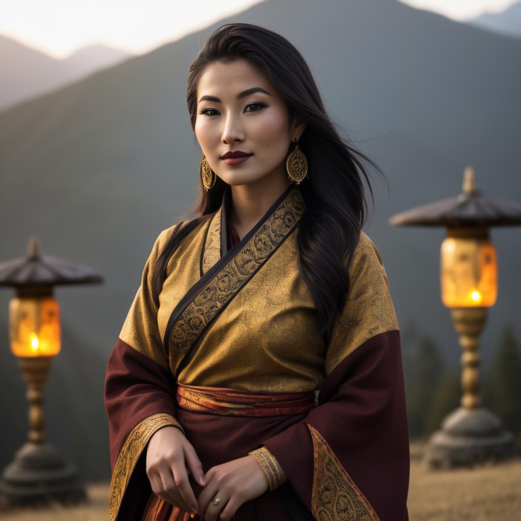 A stunning image of bhutanese allure wearing a refined kira-inspired ensemble lit by golden sunrise.