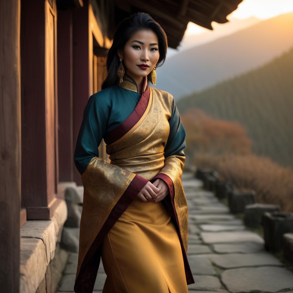 A stunning image of bhutanese allure wearing a refined kira-inspired ensemble lit by golden sunrise.