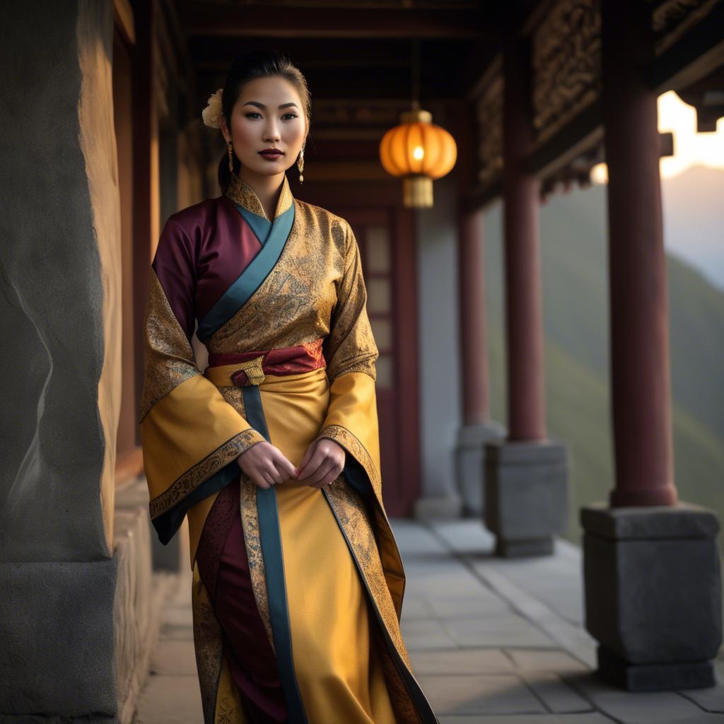A stunning image of bhutanese allure wearing a refined kira-inspired ensemble lit by golden sunrise.