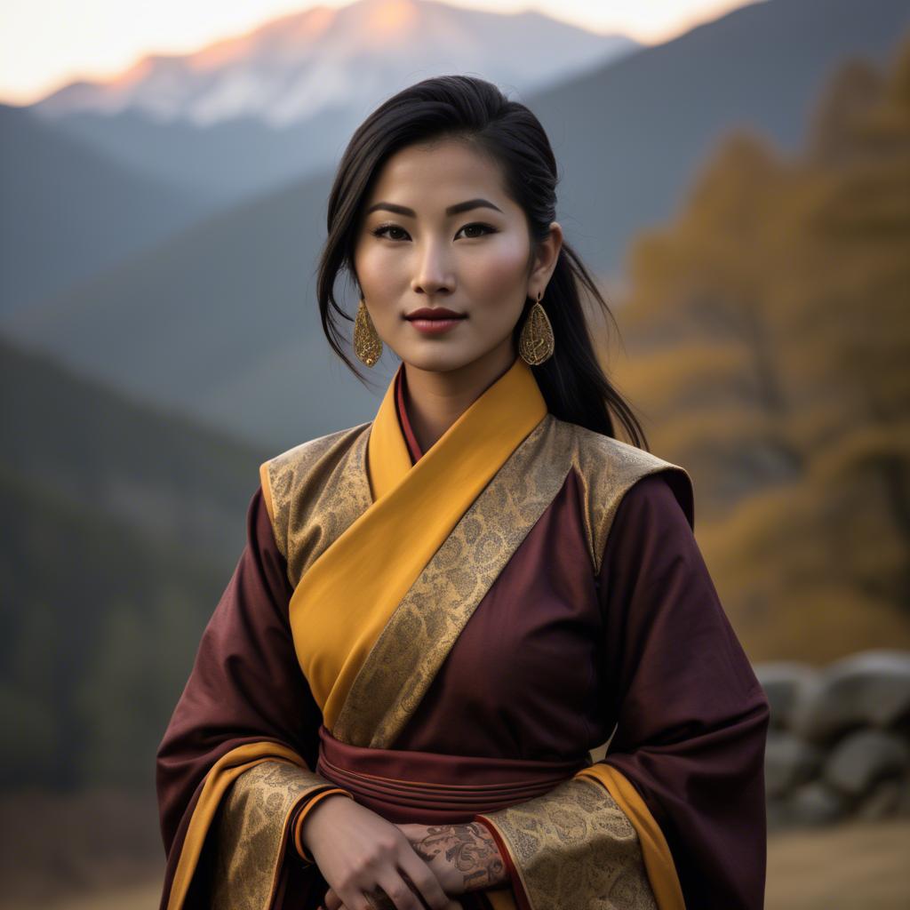 A stunning image of bhutanese allure wearing a refined kira-inspired ensemble lit by golden sunrise.