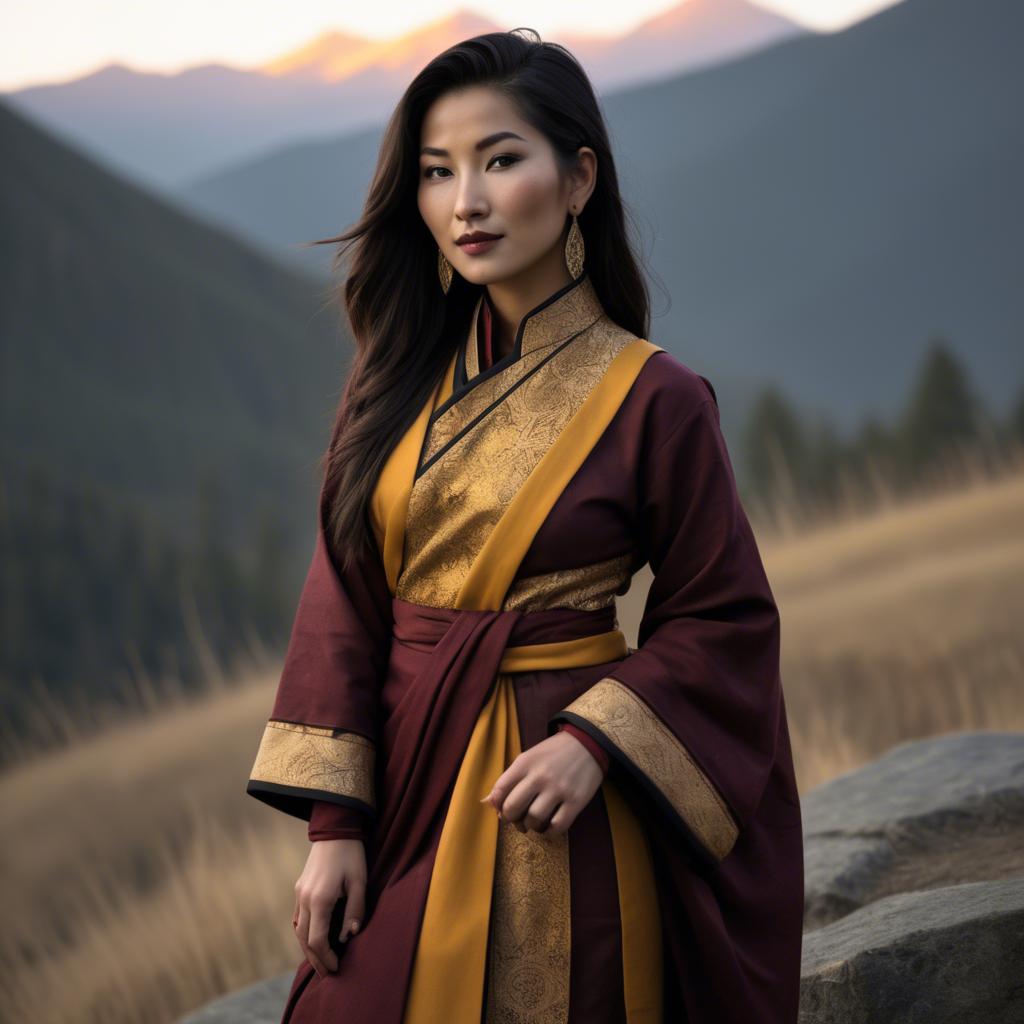 A stunning image of bhutanese allure wearing a refined kira-inspired ensemble lit by golden sunrise.