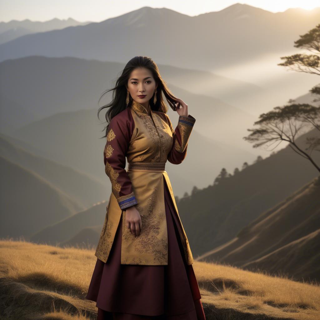 A stunning image of bhutanese allure wearing a refined kira-inspired ensemble lit by golden sunrise.