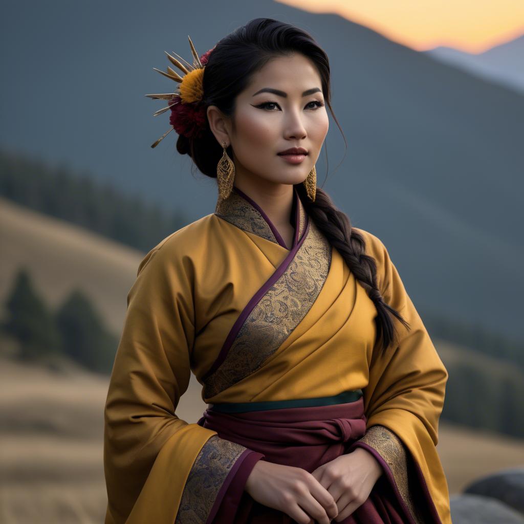 A stunning image of bhutanese allure wearing a refined kira-inspired ensemble lit by golden sunrise.