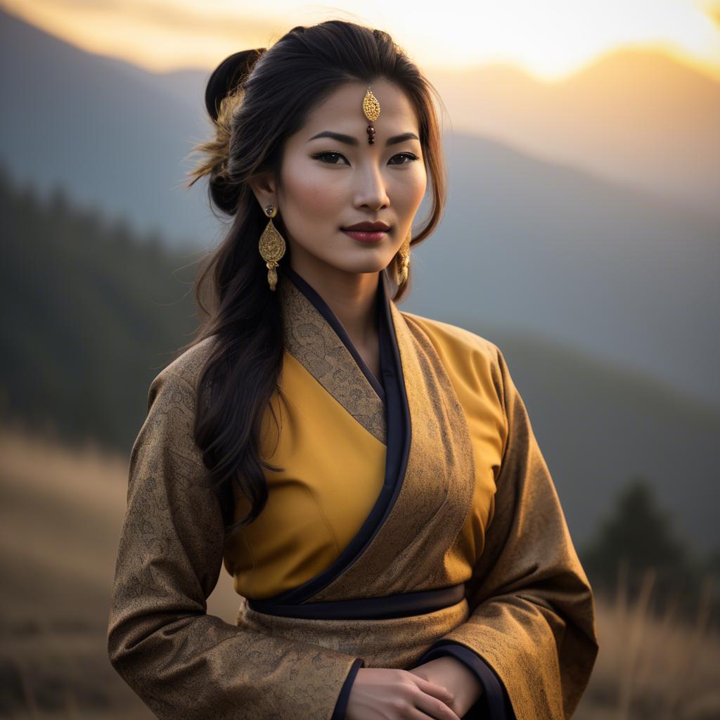 A stunning image of bhutanese allure wearing a refined kira-inspired ensemble lit by golden sunrise.