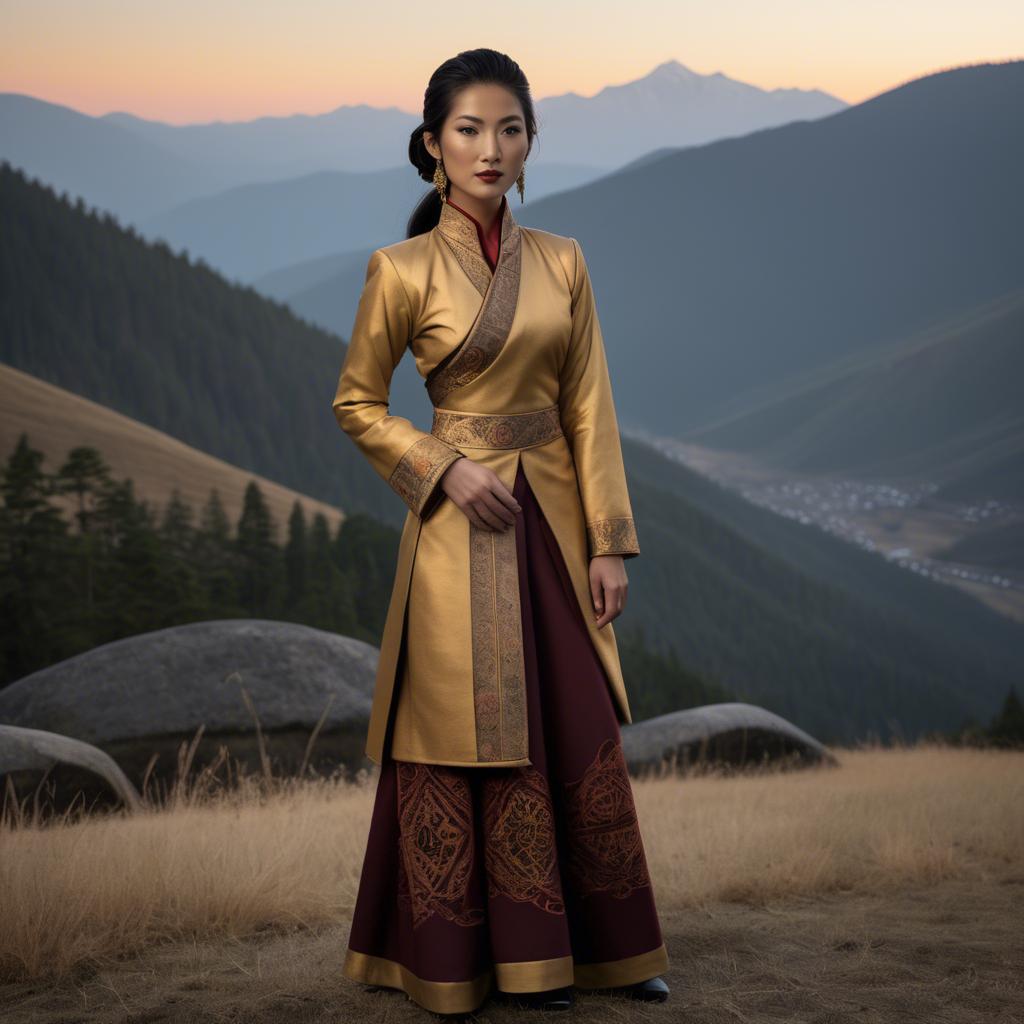 A stunning image of bhutanese allure wearing a refined kira-inspired ensemble lit by golden sunrise.