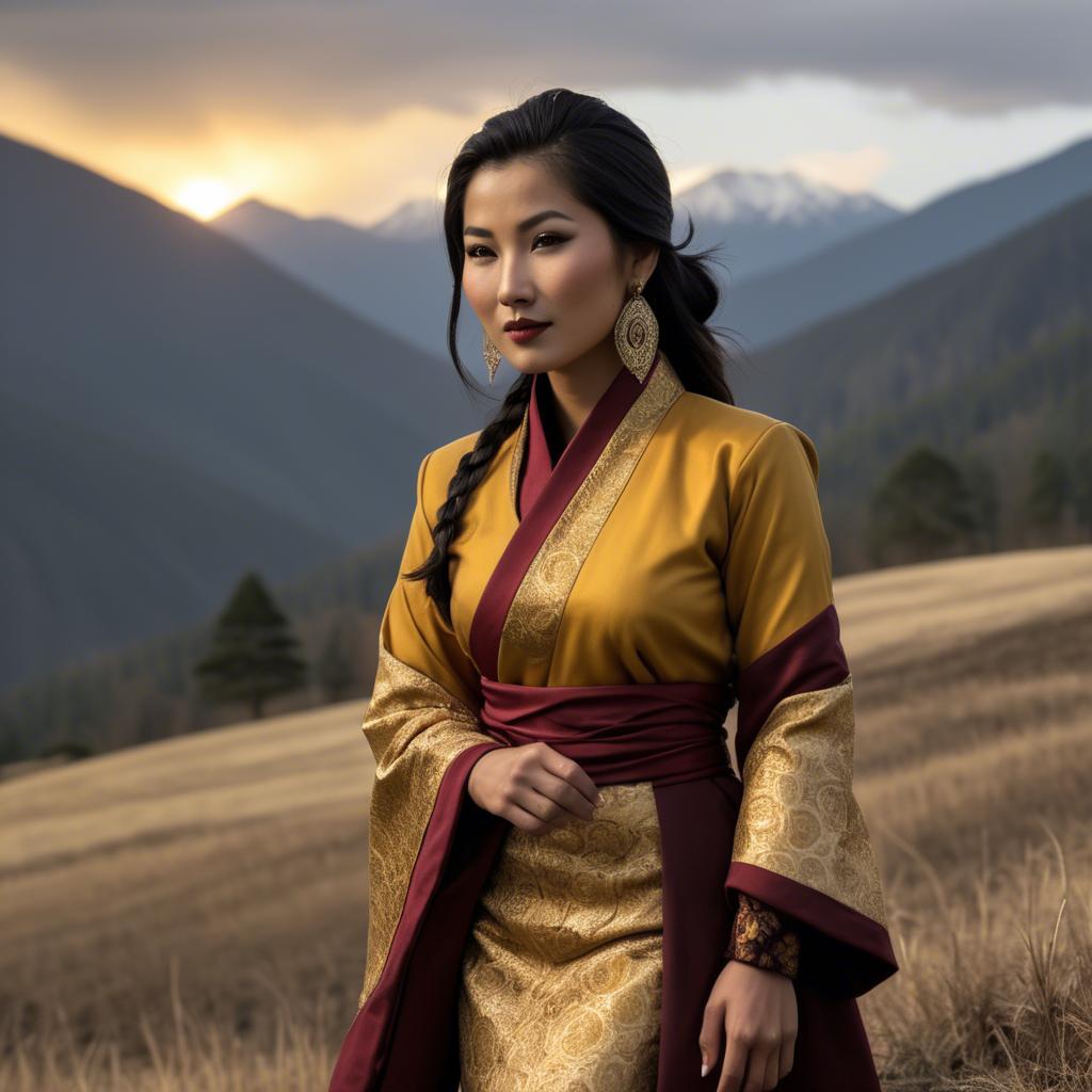 A stunning image of bhutanese allure wearing a refined kira-inspired ensemble lit by golden sunrise.