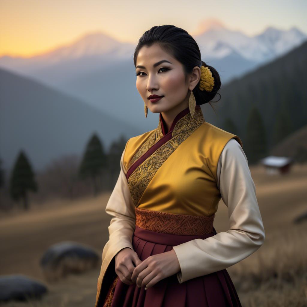 A stunning image of bhutanese allure wearing a refined kira-inspired ensemble lit by golden sunrise.
