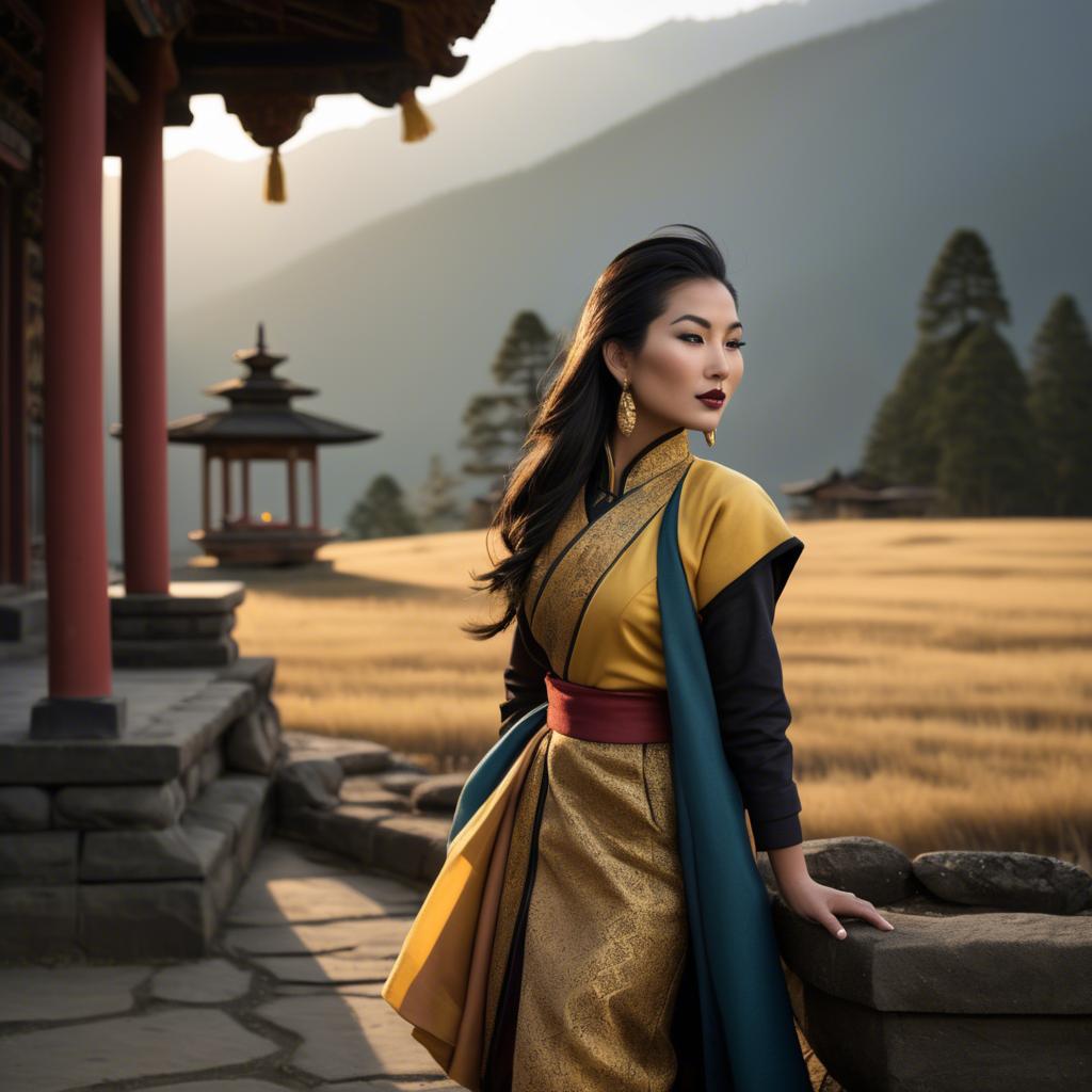 A stunning image of bhutanese allure wearing a refined kira-inspired ensemble lit by golden sunrise.