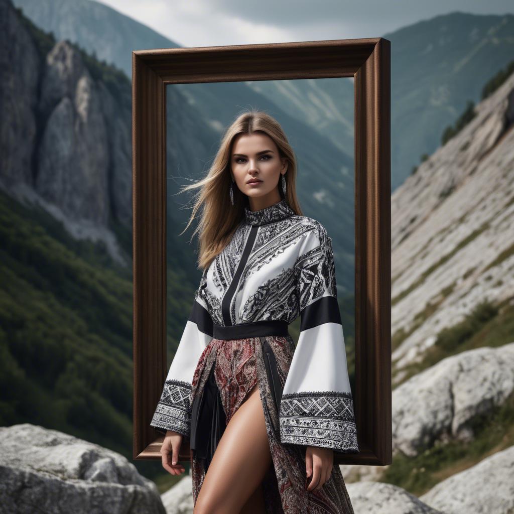 A stunning image of bosnian stunner wearing bold contemporary fashion framed by dramatic mountainous backgrounds.