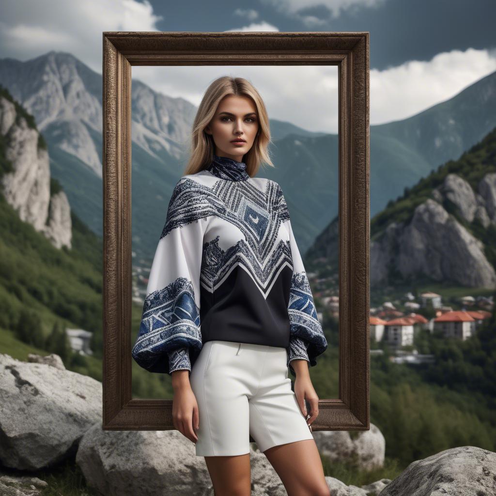 A stunning image of bosnian stunner wearing bold contemporary fashion framed by dramatic mountainous backgrounds.