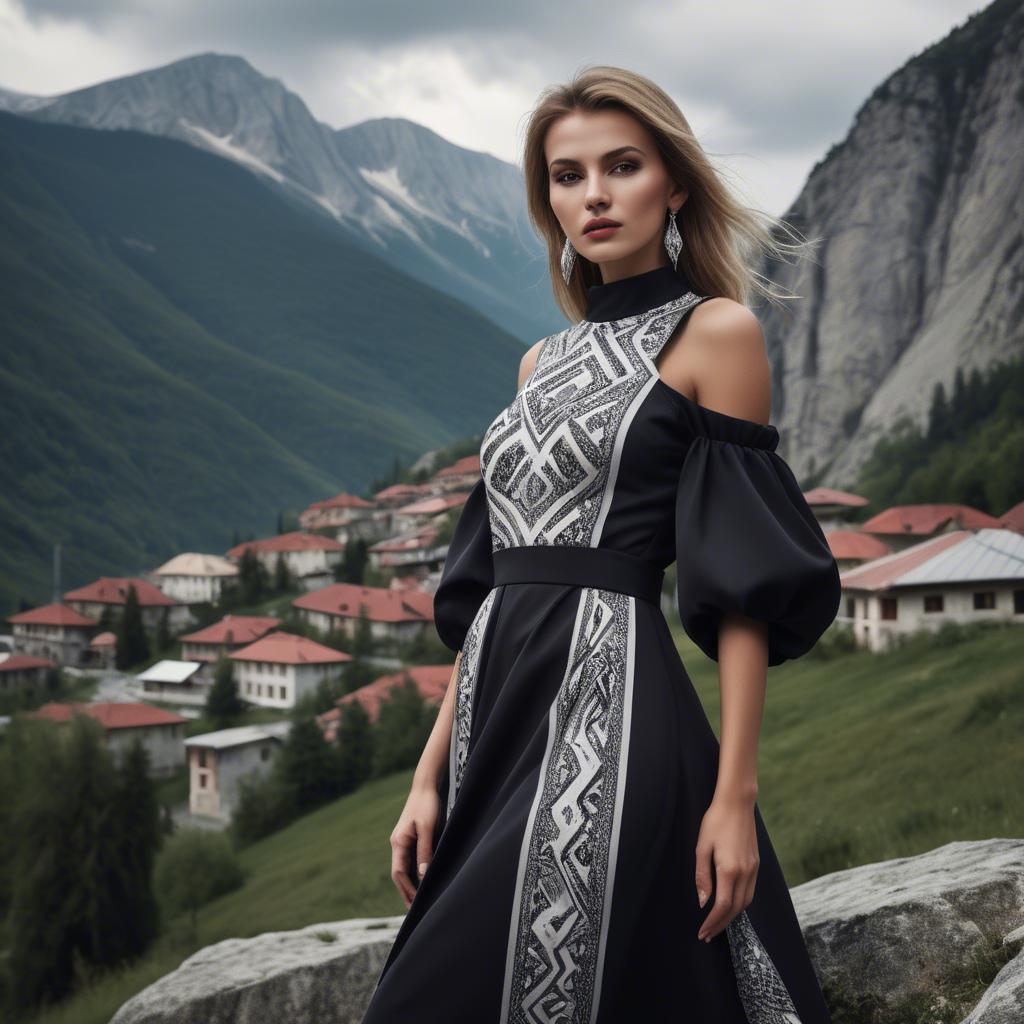 A stunning image of bosnian stunner wearing bold contemporary fashion framed by dramatic mountainous backgrounds.