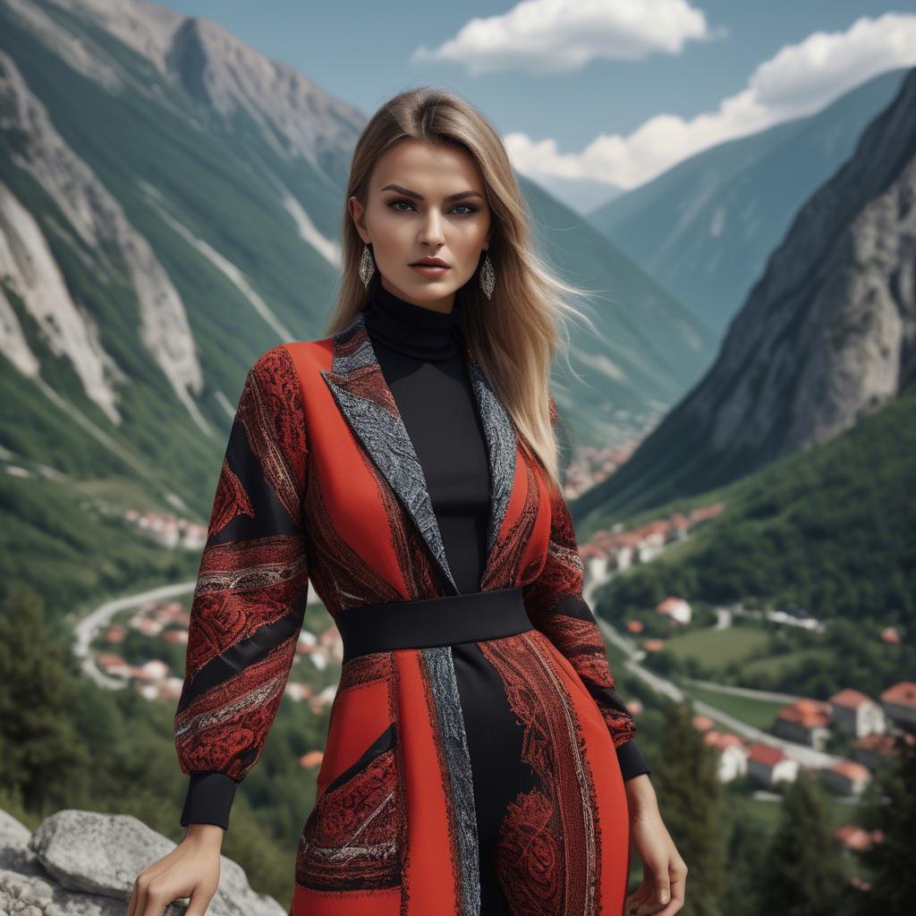 A stunning image of bosnian stunner wearing bold contemporary fashion framed by dramatic mountainous backgrounds.