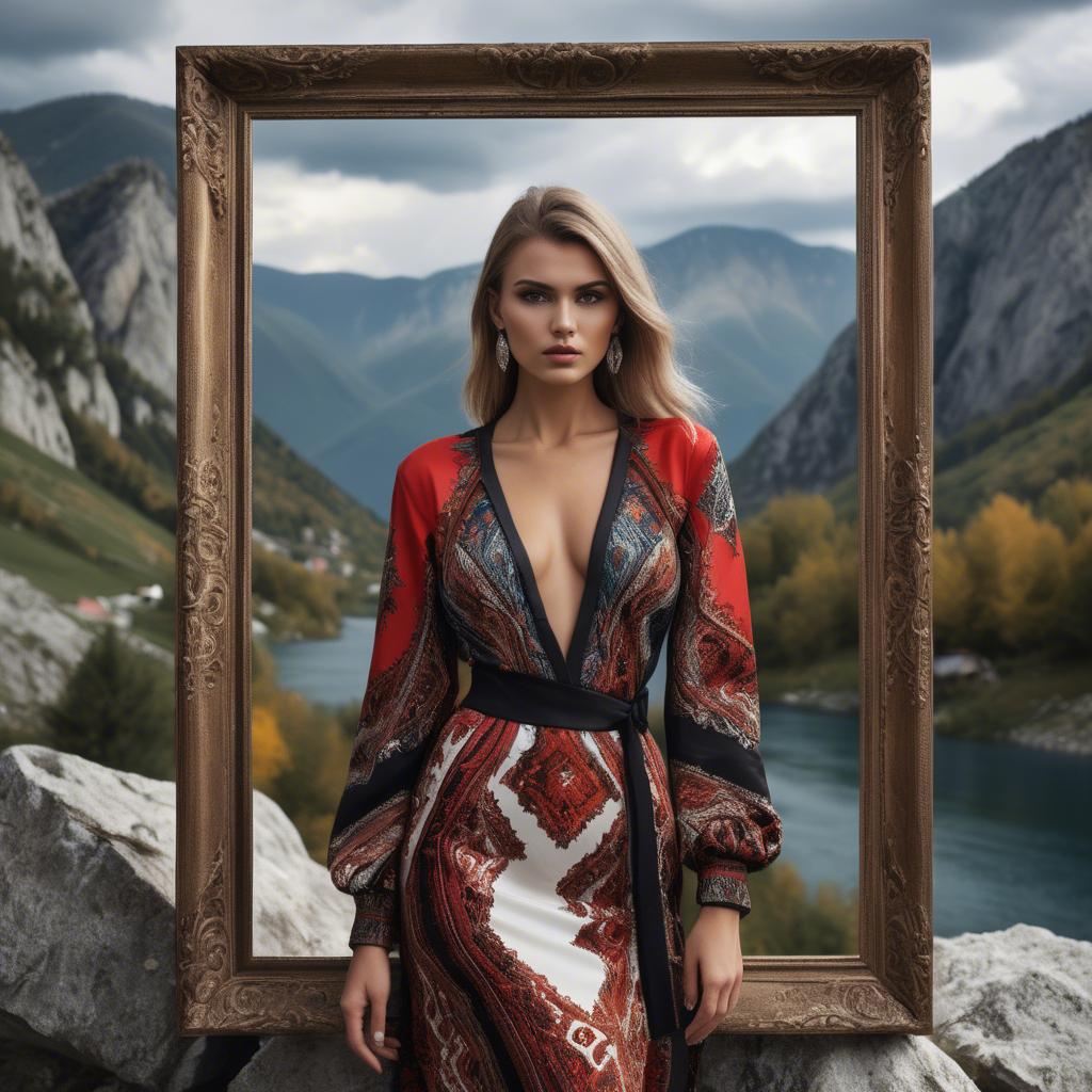 A stunning image of bosnian stunner wearing bold contemporary fashion framed by dramatic mountainous backgrounds.