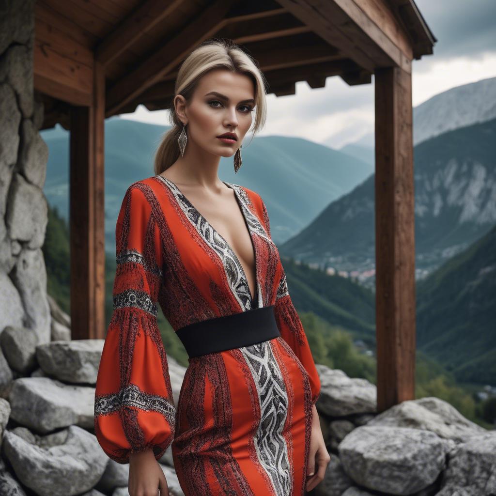 A stunning image of bosnian stunner wearing bold contemporary fashion framed by dramatic mountainous backgrounds.