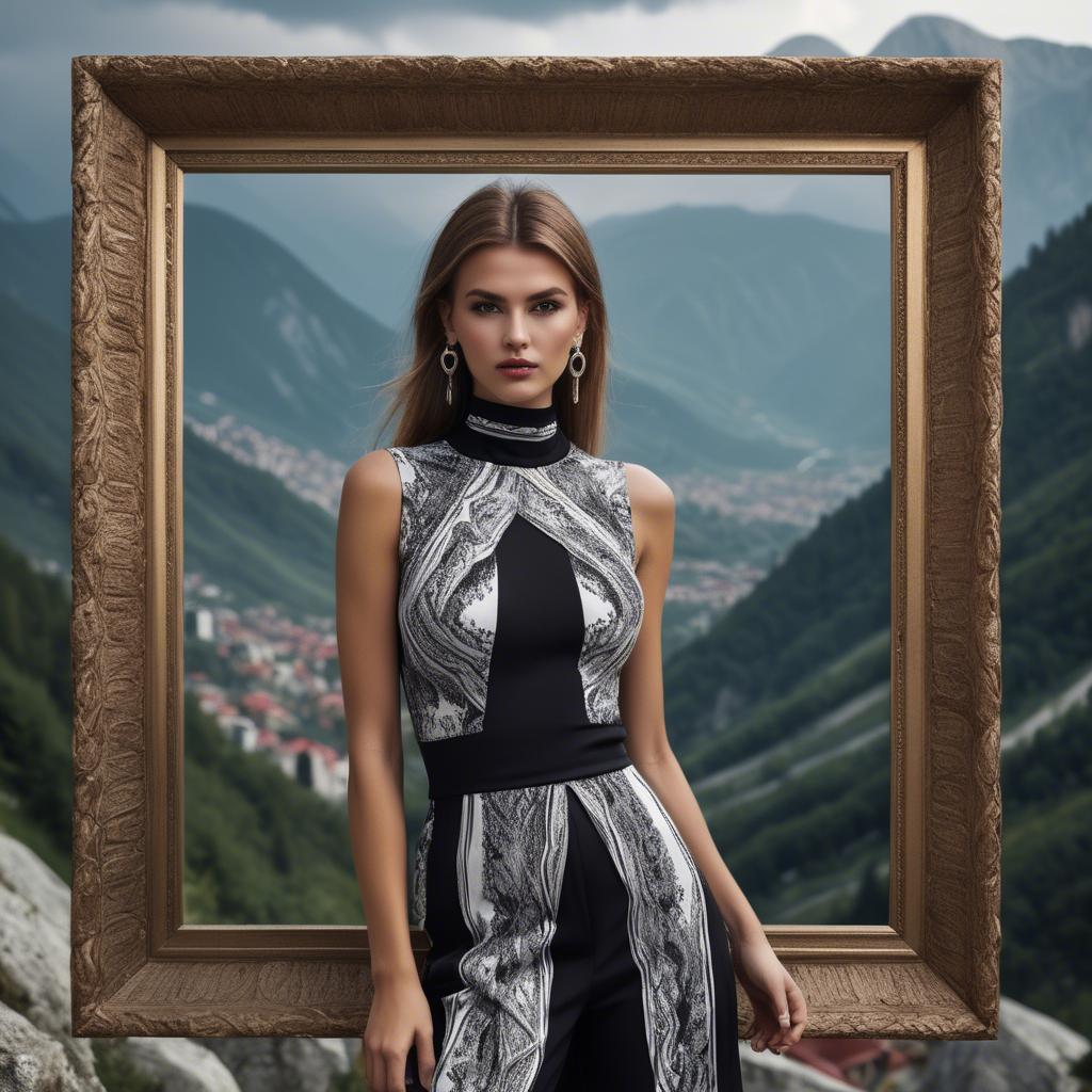 A stunning image of bosnian stunner wearing bold contemporary fashion framed by dramatic mountainous backgrounds.