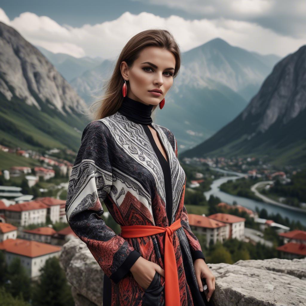 A stunning image of bosnian stunner wearing bold contemporary fashion framed by dramatic mountainous backgrounds.