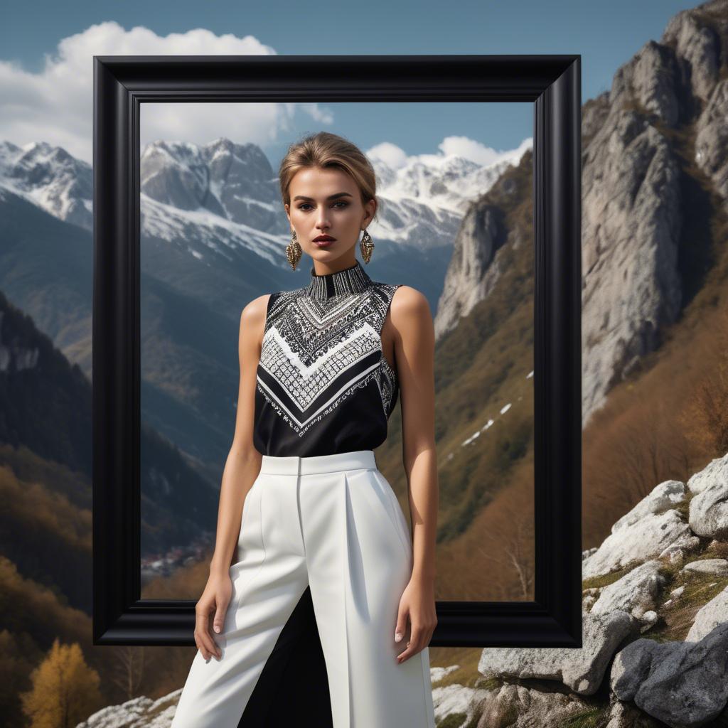 A stunning image of bosnian stunner wearing bold contemporary fashion framed by dramatic mountainous backgrounds.