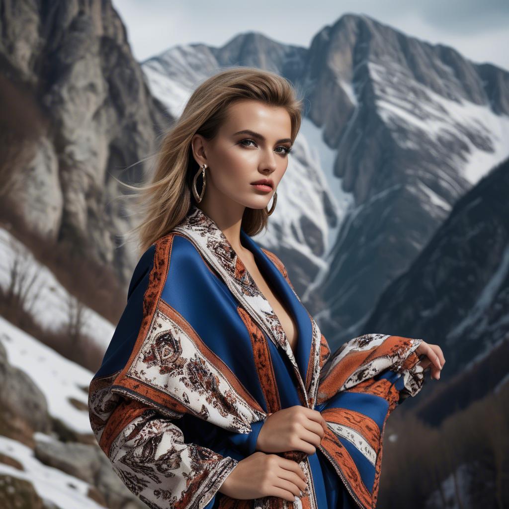 A stunning image of bosnian stunner wearing bold contemporary fashion framed by dramatic mountainous backgrounds.