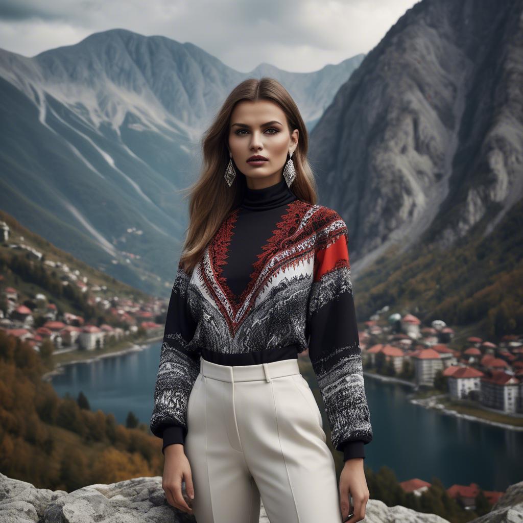 A stunning image of bosnian stunner wearing bold contemporary fashion framed by dramatic mountainous backgrounds.