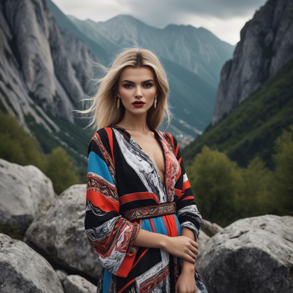 A stunning image of bosnian stunner wearing bold contemporary fashion framed by dramatic mountainous backgrounds.