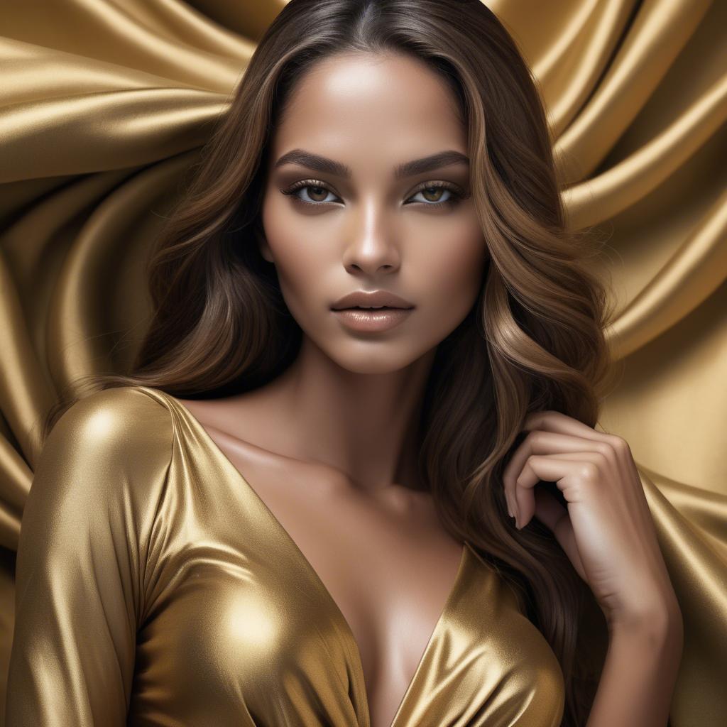 A stunning image of brazilian beauty in golden flowing fabrics.