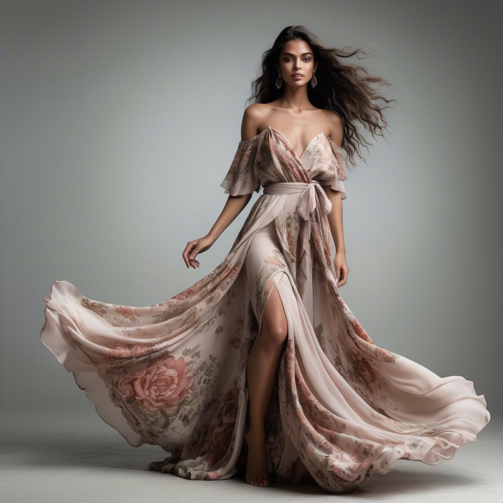 A stunning image of brazilian model in flowing romantic fabrics.