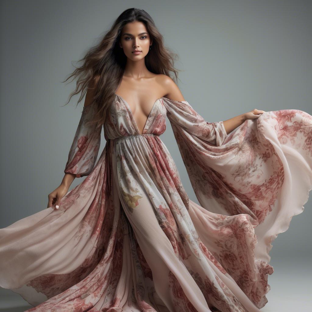 A stunning image of brazilian model in flowing romantic fabrics.
