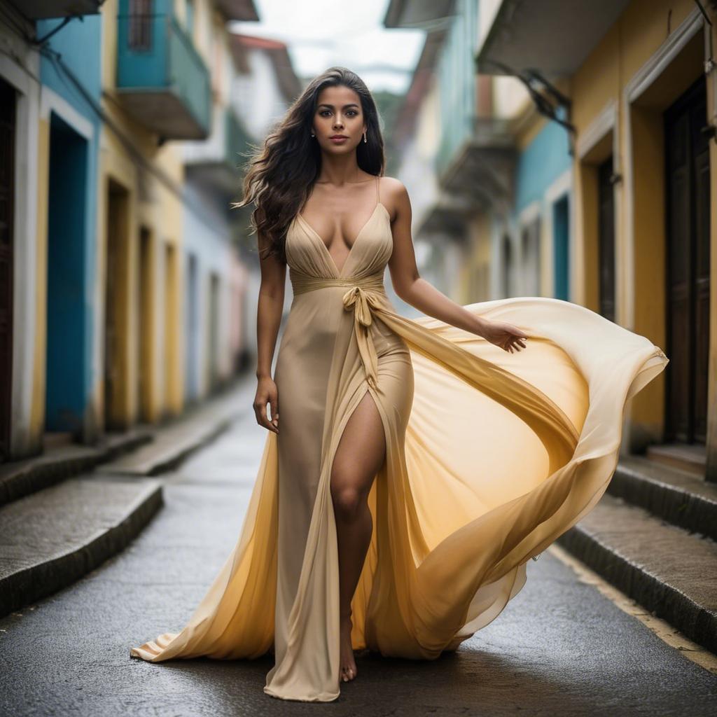 A stunning image of brazilian woman in a flowing gown.