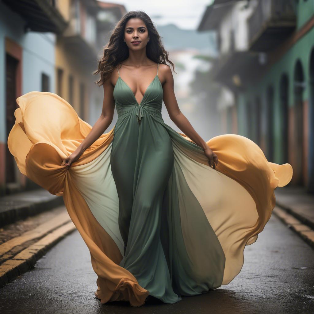 A stunning image of brazilian woman in a flowing gown.