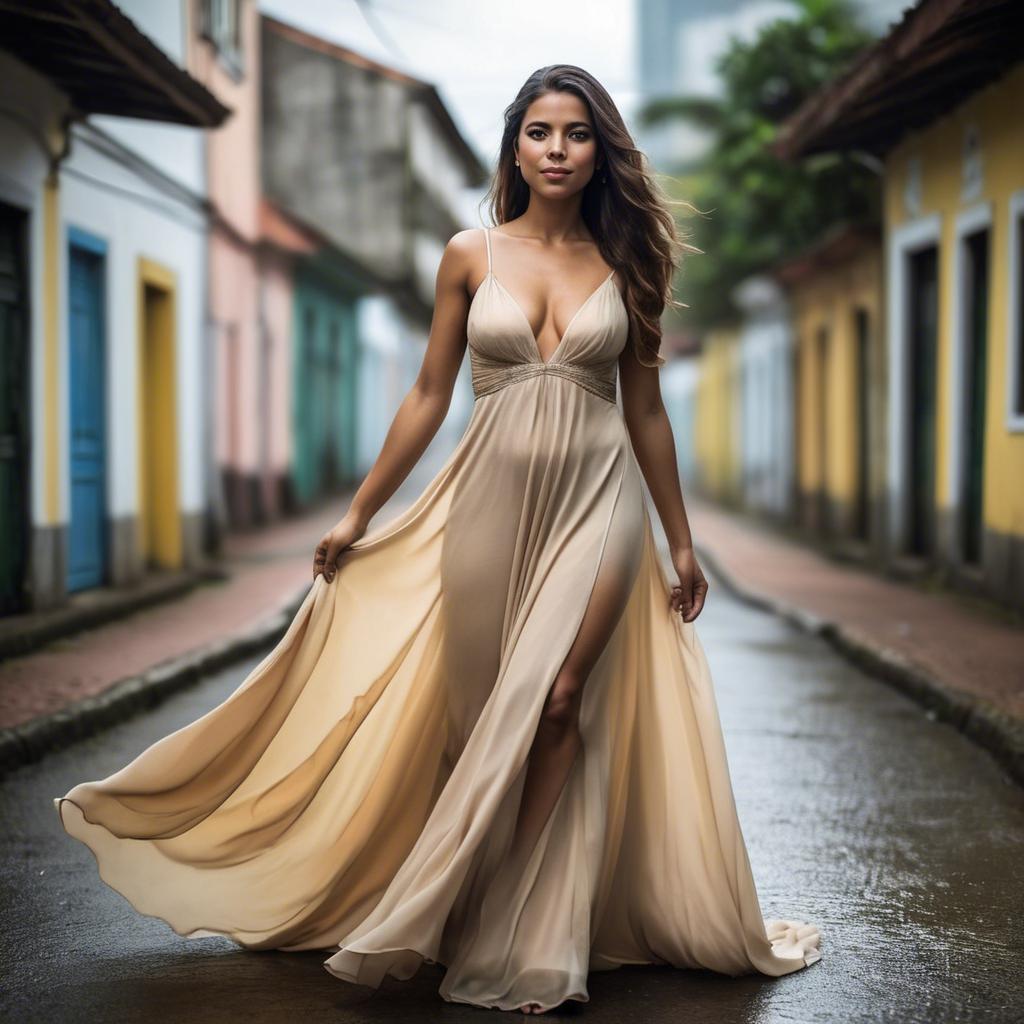 A stunning image of brazilian woman in a flowing gown.