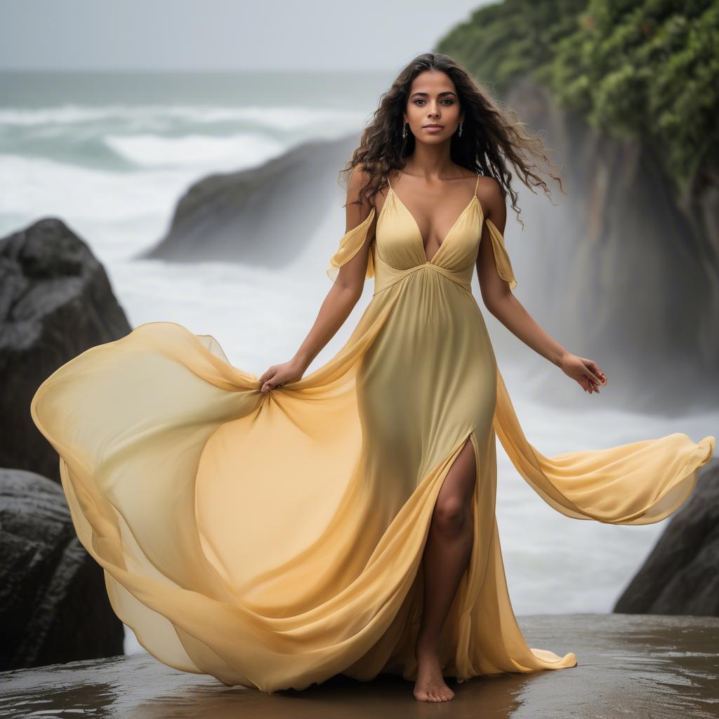 A stunning image of brazilian woman in a flowing gown.