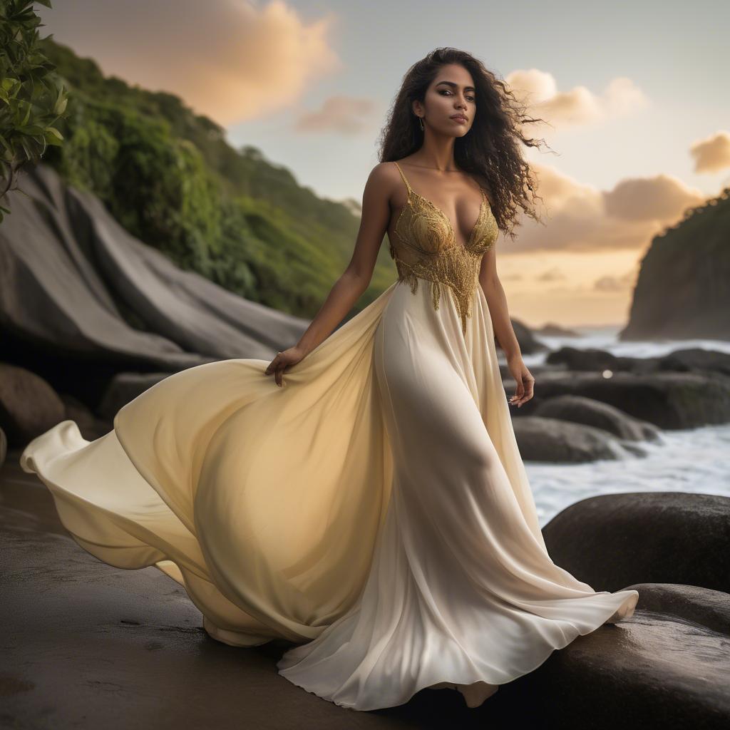 A stunning image of brazilian woman in a flowing gown.