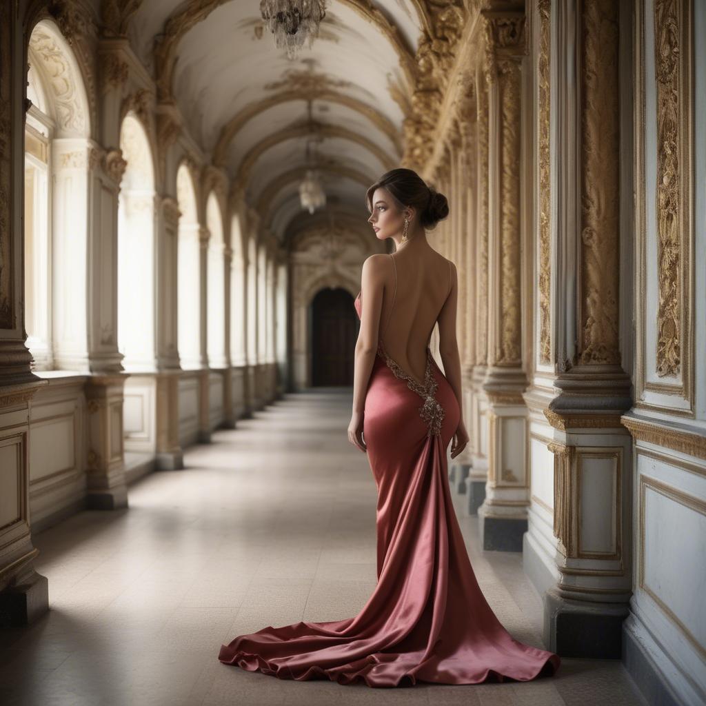 A stunning image of bulgarian beauty in a backless satin dress framed by an ornate palace corridor.