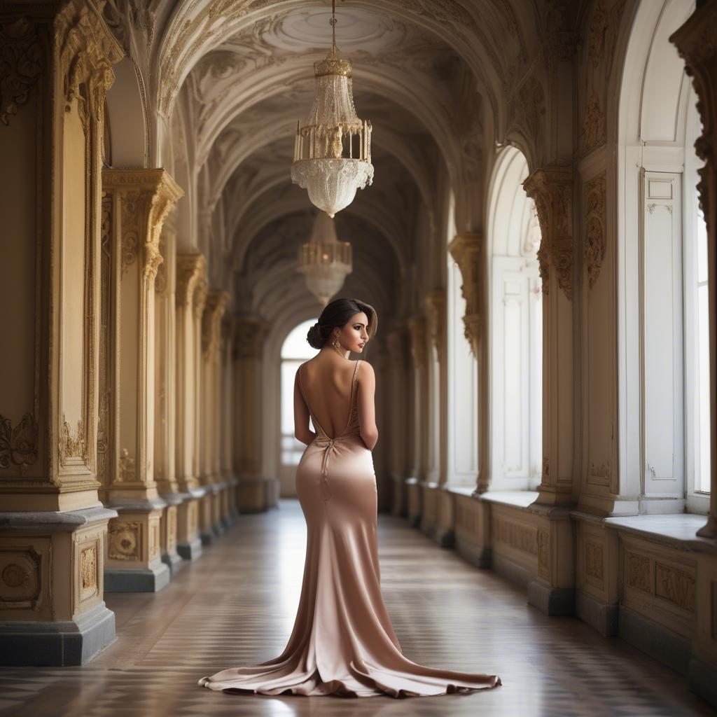 A stunning image of bulgarian beauty in a backless satin dress framed by an ornate palace corridor.