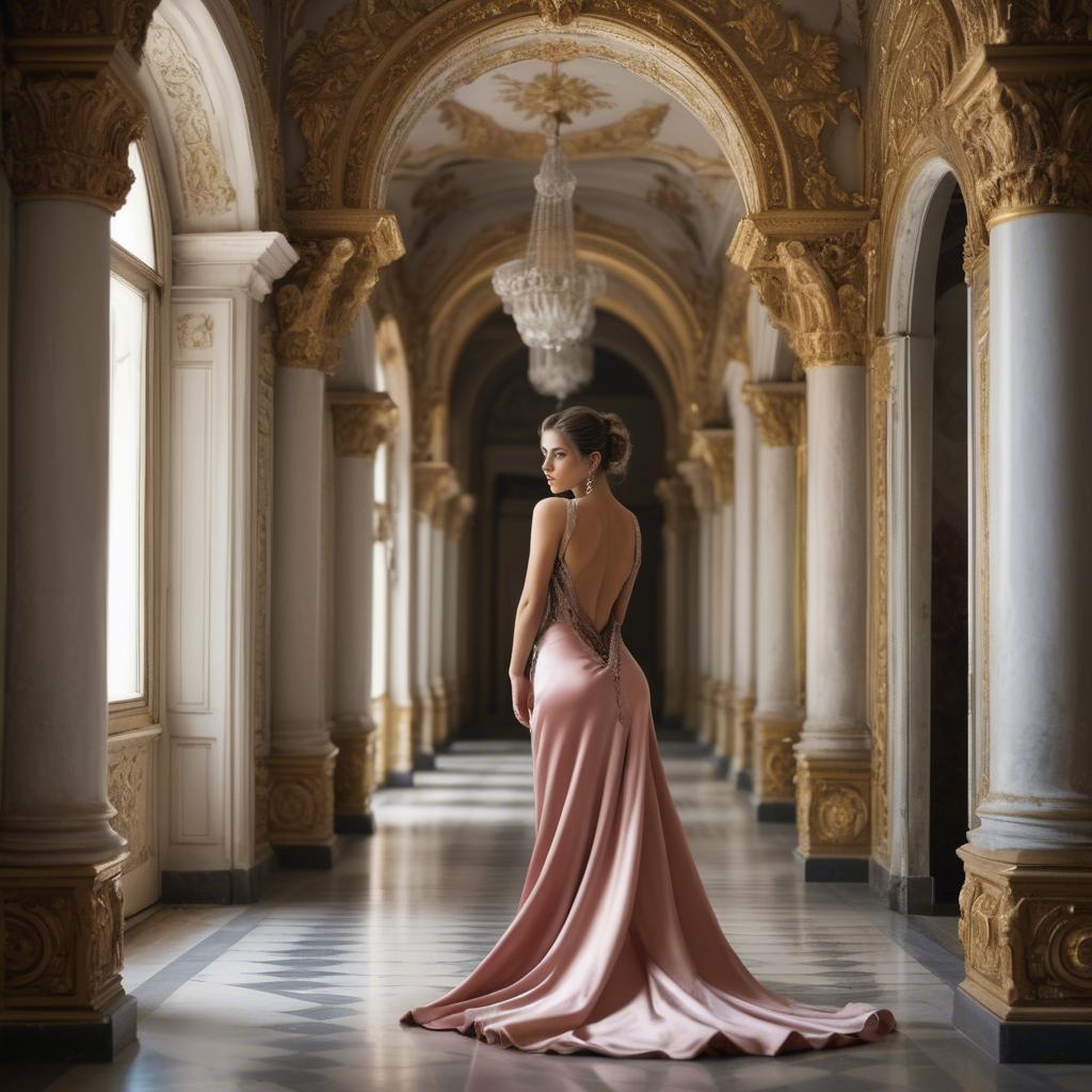 A stunning image of bulgarian beauty in a backless satin dress framed by an ornate palace corridor.