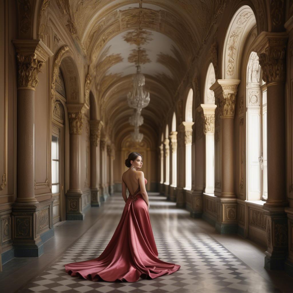 A stunning image of bulgarian beauty in a backless satin dress framed by an ornate palace corridor.
