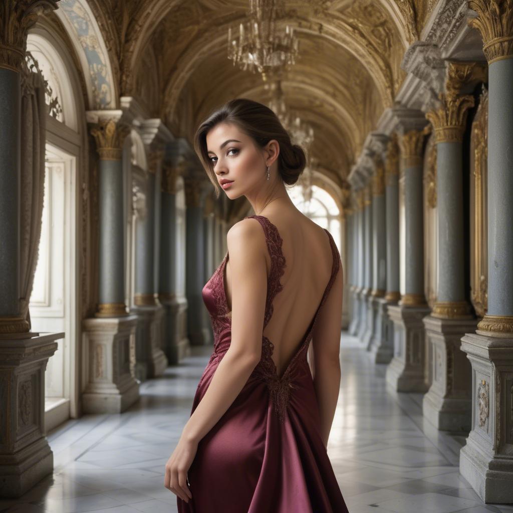 A stunning image of bulgarian beauty in a backless satin dress framed by an ornate palace corridor.