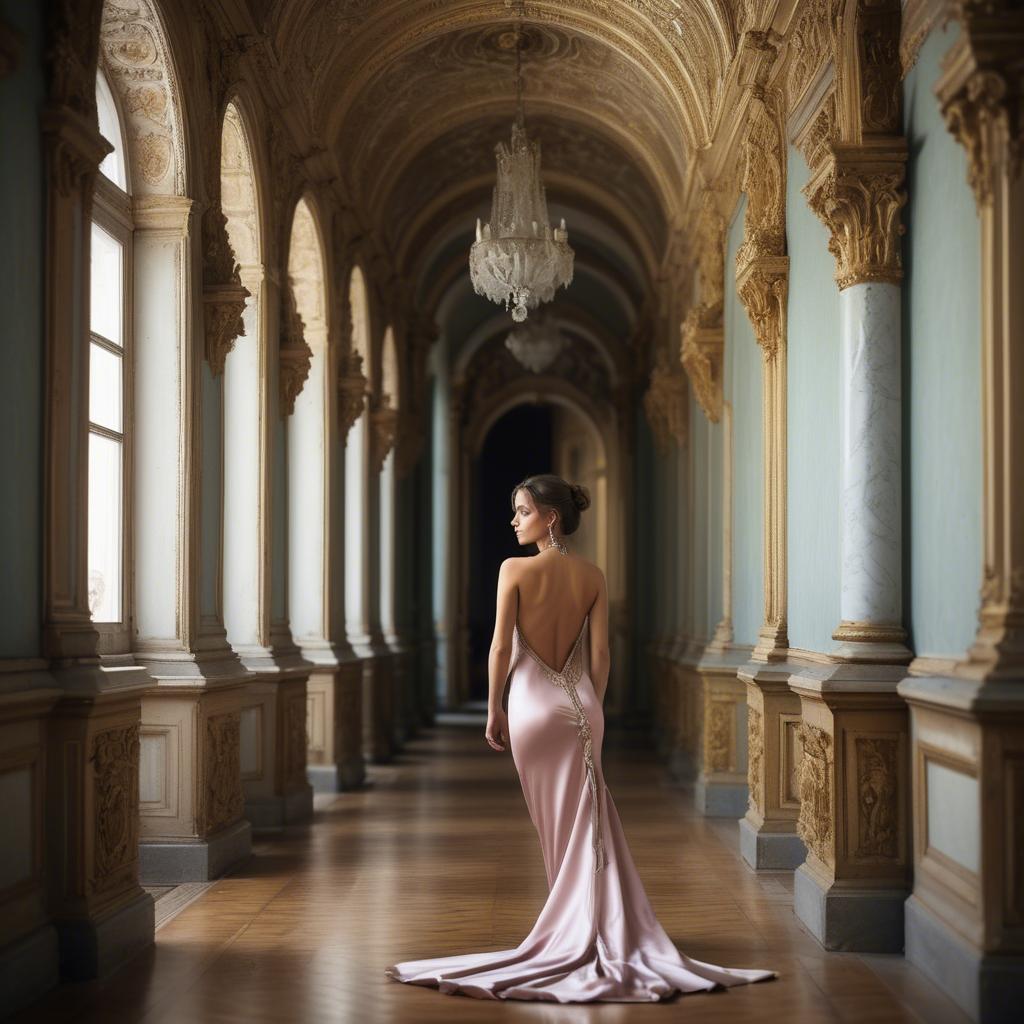 A stunning image of bulgarian beauty in a backless satin dress framed by an ornate palace corridor.