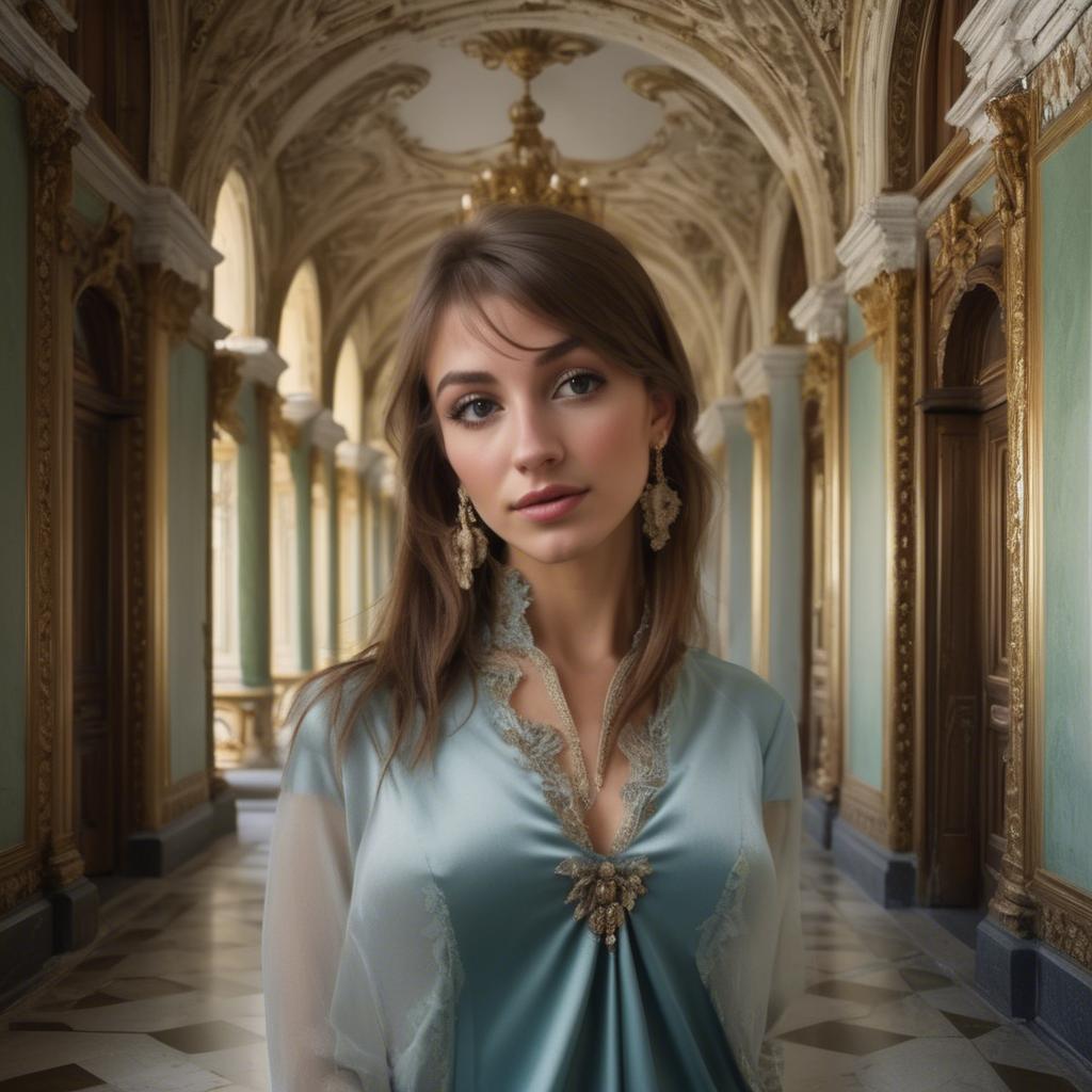 A stunning image of bulgarian beauty in a backless satin dress framed by an ornate palace corridor.