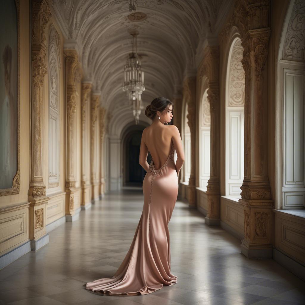 A stunning image of bulgarian beauty in a backless satin dress framed by an ornate palace corridor.