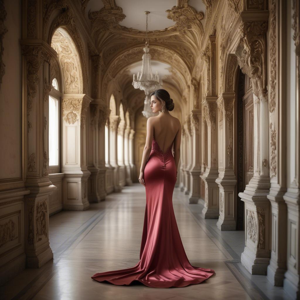 A stunning image of bulgarian beauty in a backless satin dress framed by an ornate palace corridor.