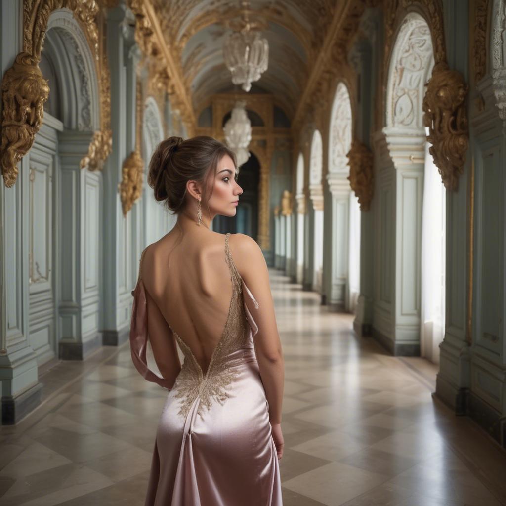 A stunning image of bulgarian beauty in a backless satin dress framed by an ornate palace corridor.