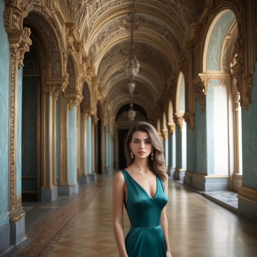 A stunning image of bulgarian beauty in a backless satin dress framed by an ornate palace corridor.
