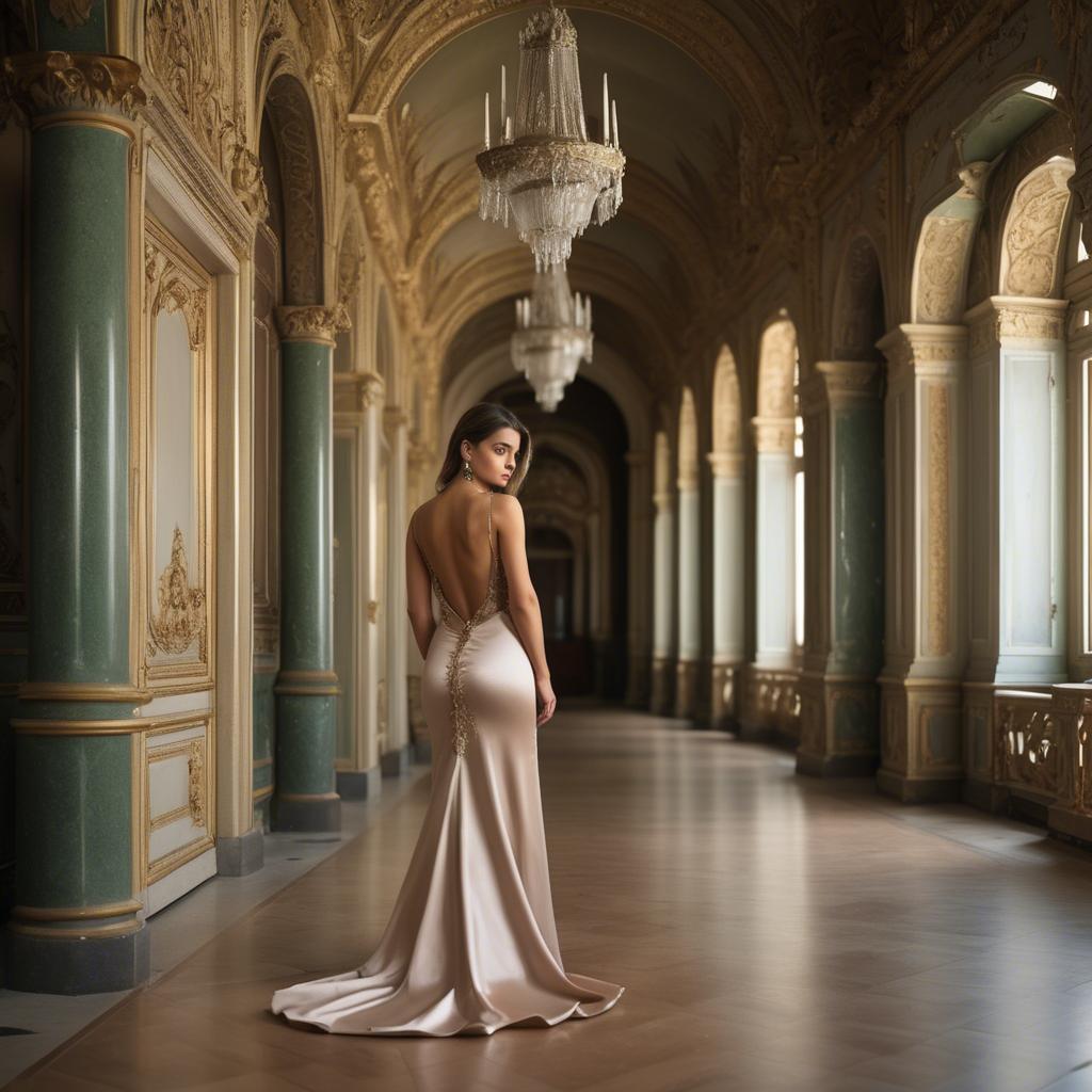 A stunning image of bulgarian beauty in a backless satin dress framed by an ornate palace corridor.