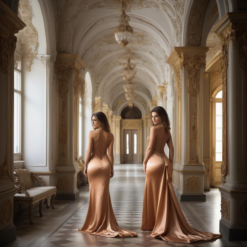 A stunning image of bulgarian beauty in a backless satin dress framed by an ornate palace corridor.