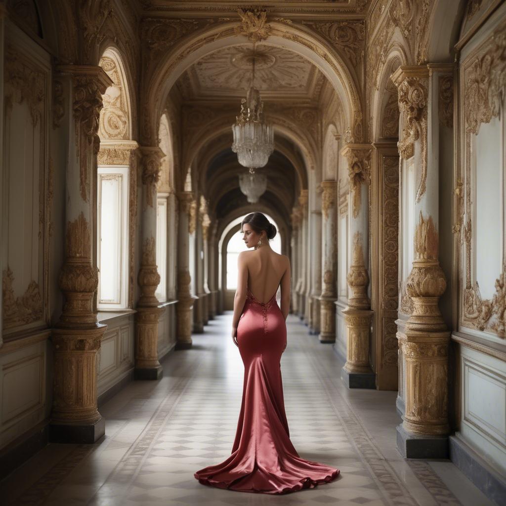 A stunning image of bulgarian beauty in a backless satin dress framed by an ornate palace corridor.