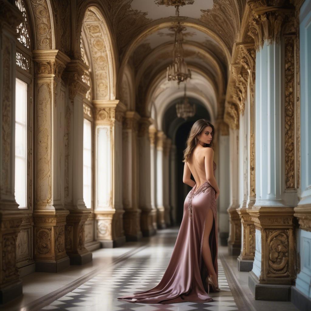 A stunning image of bulgarian beauty in a backless satin dress framed by an ornate palace corridor.
