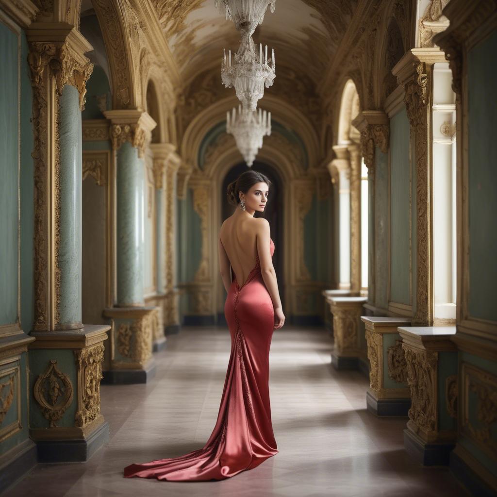 A stunning image of bulgarian beauty in a backless satin dress framed by an ornate palace corridor.