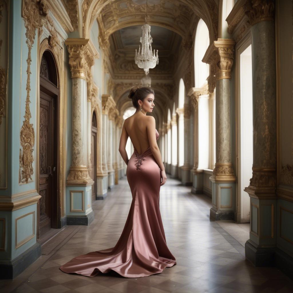 A stunning image of bulgarian beauty in a backless satin dress framed by an ornate palace corridor.